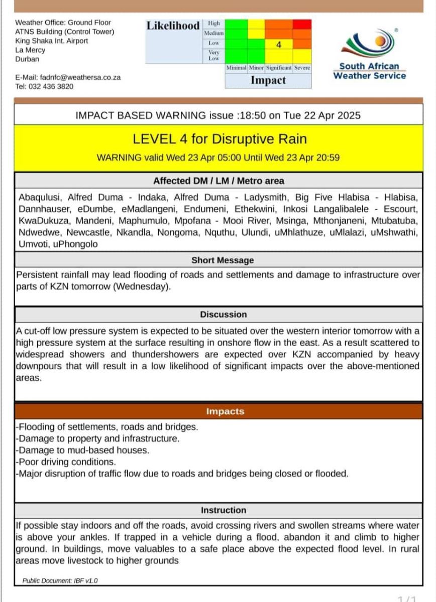WARNING: LEVEL 4 for Disruptive Rain affecting various parts of KwaZulu ...