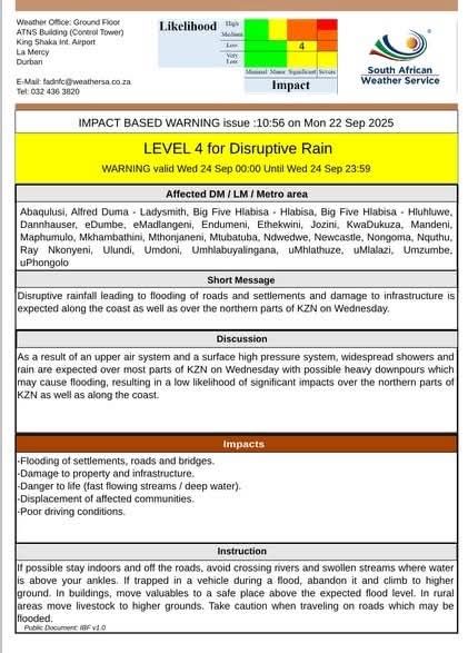 Level 4 Impact-Based Warning for disruptive rainfall across large parts ...