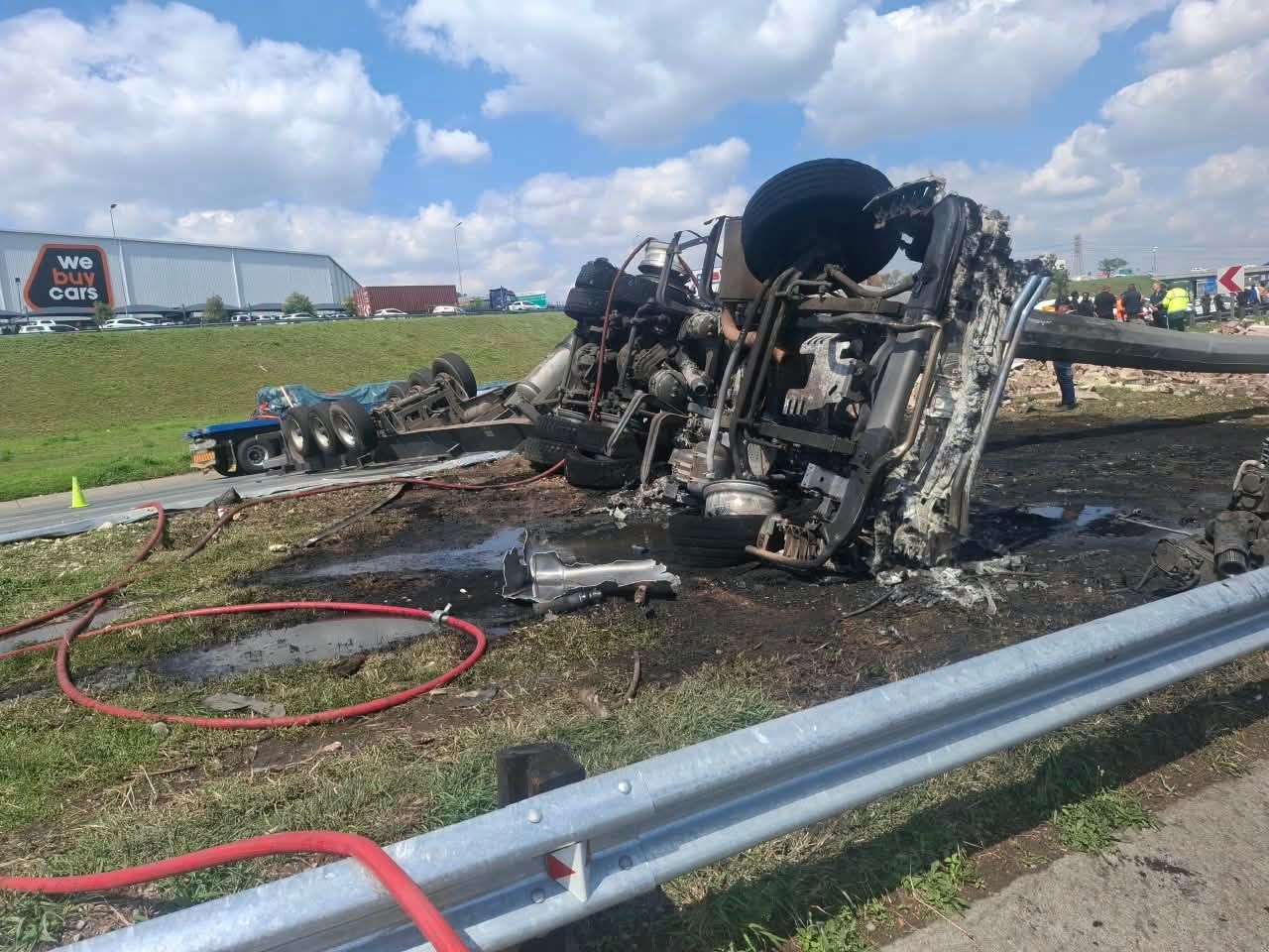 Three lanes of the N3 Highway are closed to traffic after a truck accident at the N12 West split at Elands Interchange in Germiston