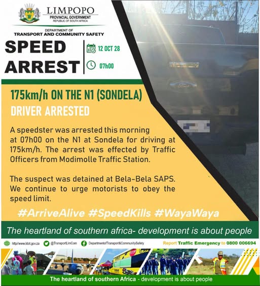 A speedster was arrested this morning at 07h00 on the N1 at Sondela for driving at 175km/h