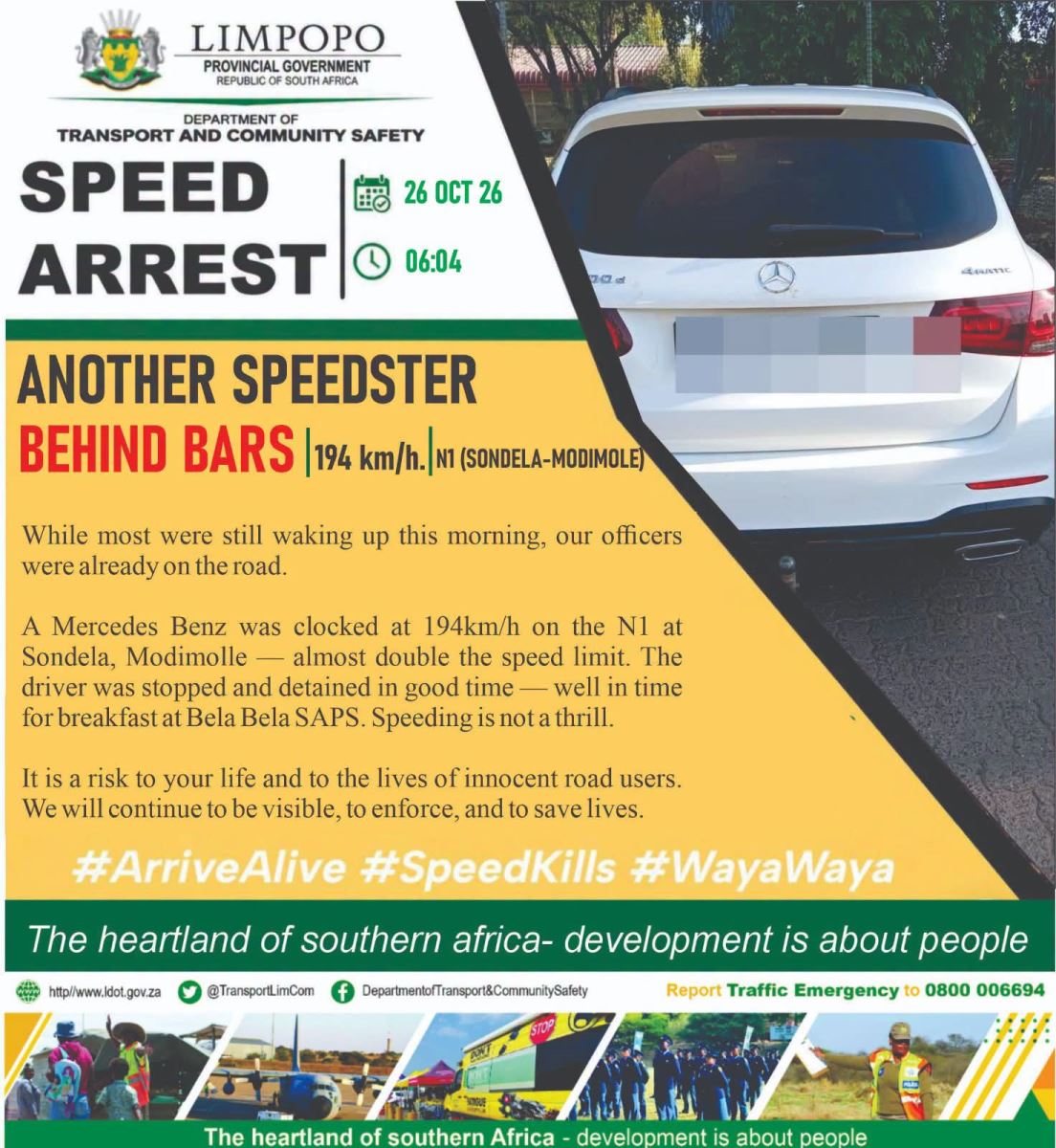 Speedster arrested after driving at 194km/h on the N1 at Sondela, Modimolle
