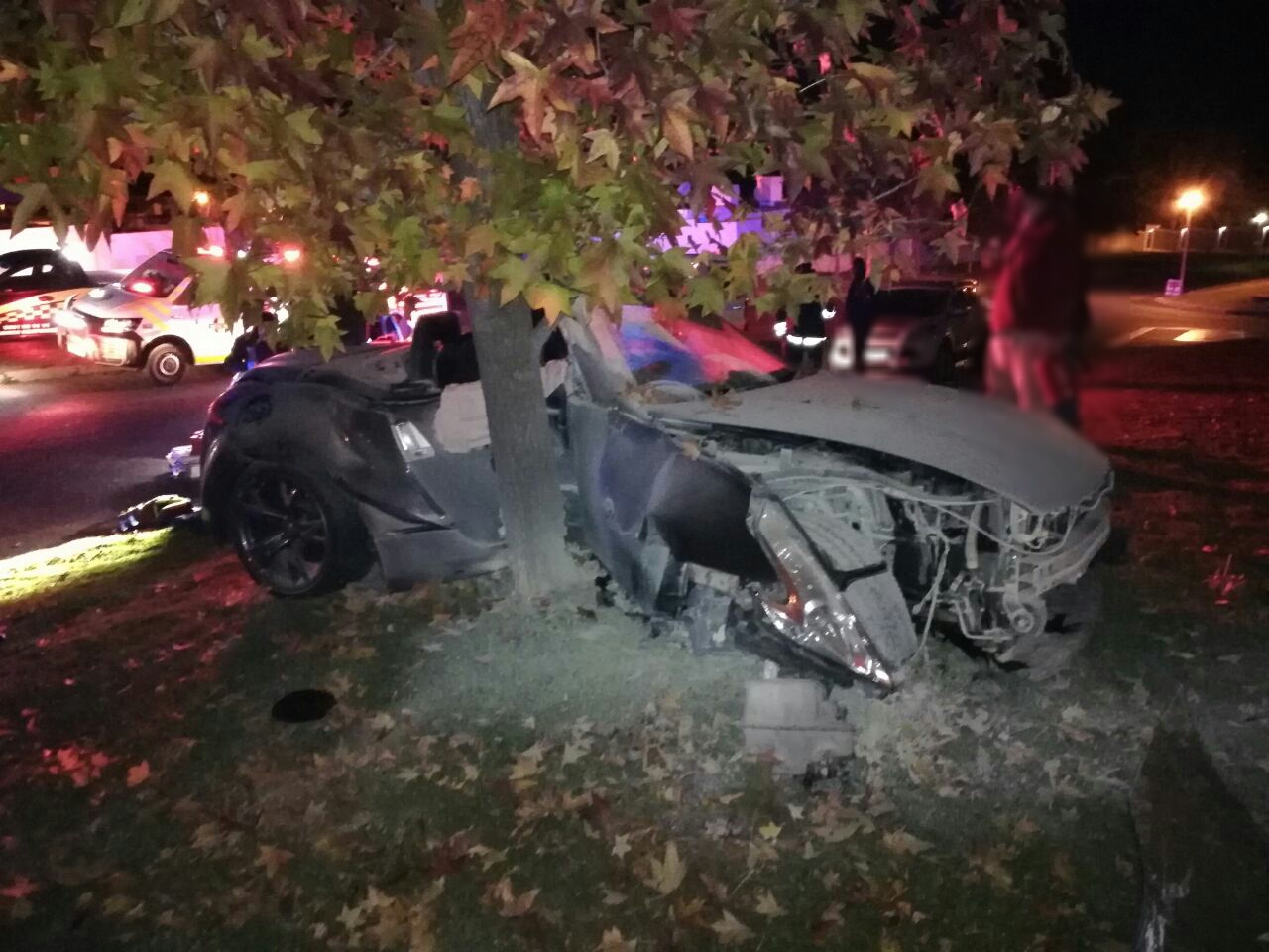 Midrand: car catches alight following collision into tree.